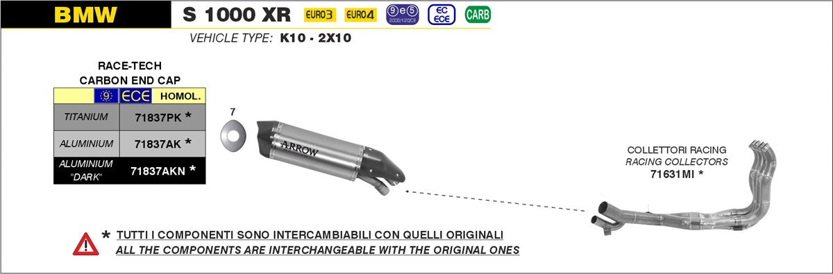 Arrow 71837AKN Race-Tech Dark Aluminium Slip-On Muffler w/Carbon End Cap for BMW S 1000 XR 15-19