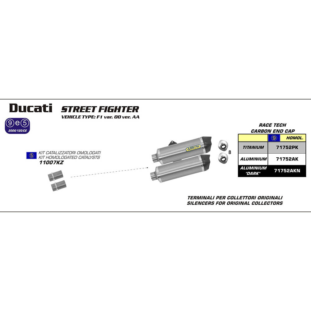 Arrow 71752PK Race-Tech Titanium Slip-On Mufflers w/Carbon End Cap for Ducati Streetfighter 09-13/Streetfighter 848 12-13