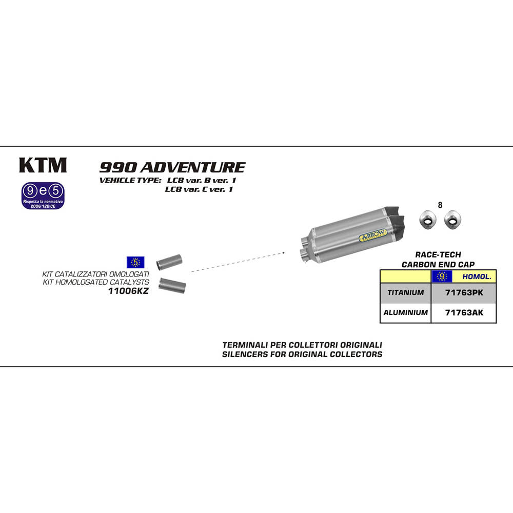 Arrow 71763PK Race-Tech Titanium Slip-On Muffler w/Carbon End Cap for KTM 990 Adventure 06-14/990 SMT 09-13