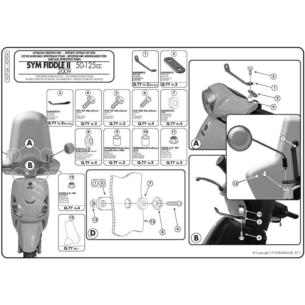 Givi A293A Windshield Mounting Kit for Sym Fiddle II 50-125 09-14/Sym II 50-125 15-24 w/293A Windshields