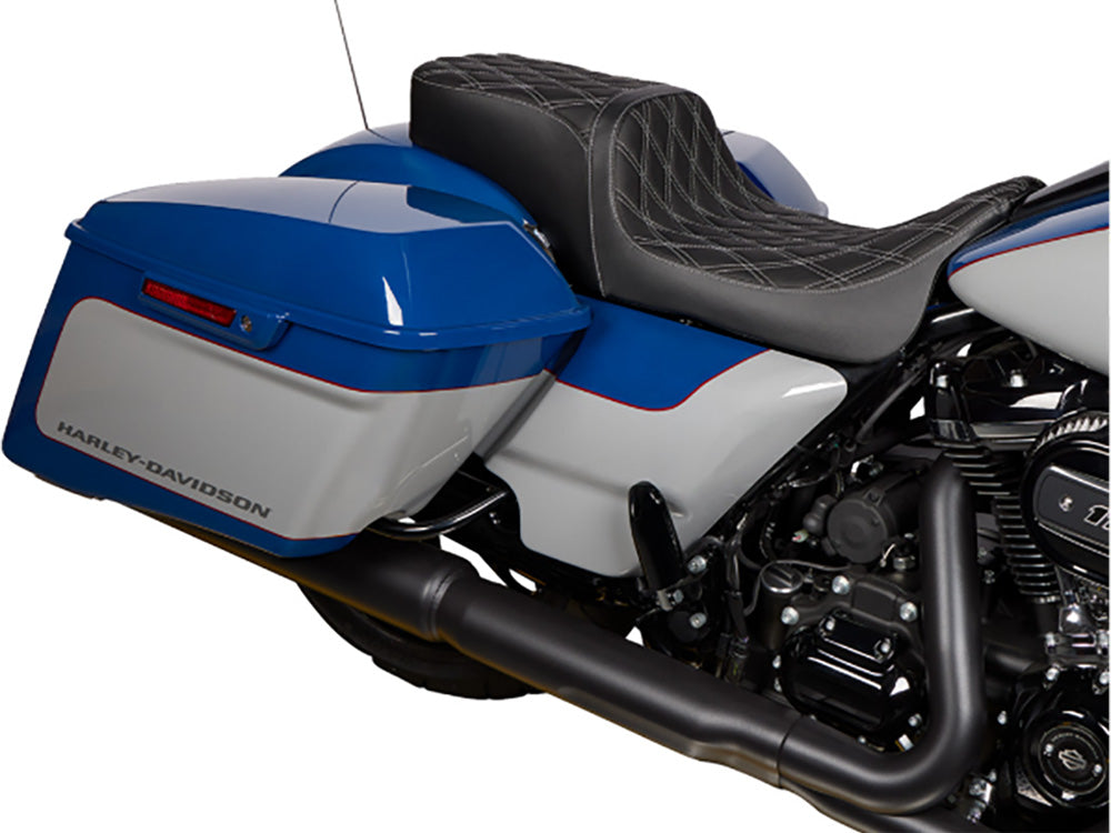 Drag Specialties DS-0801-1492 Performance Predator 2-Up Dual Seat w/Silver Double Diamond Lattice Stitch for most Harley-Davidson Touring 08-24