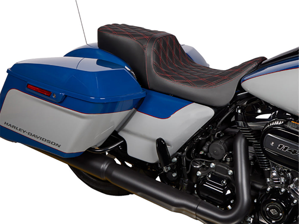 Drag Specialties DS-0801-1494 Performance Predator 2-Up Dual Seat w/Red Double Diamond Lattice Stitch for most Harley-Davidson Touring 08-24