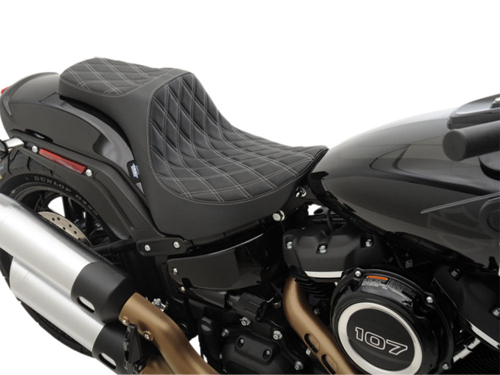 Drag Specialties DS-0802-1073 Predator 3 Dual Seat w/Silver Double Diamond Lattice Stitch for Harley-Davidson Fat Bob 18-24