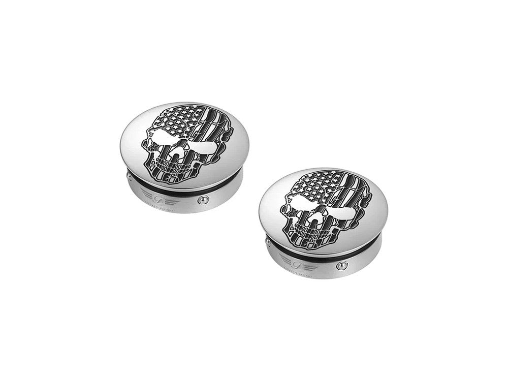 Figurati Designs FIG-FD27-SS-SKULL-CC Swingarm Pivot Bolt Covers Stainless w/American Flag Skull for Harley-Davidson Touring 11-Up