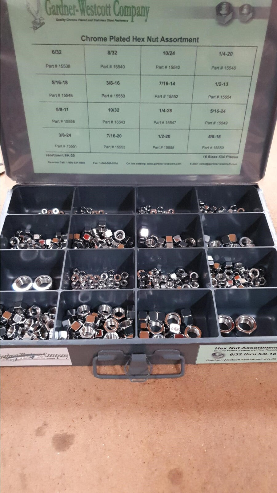 Gardner-Westcott GWA30 Tray Assortment Hex Nuts Chrome 534PC/16 Sizes 6/32 through to 5/8 - CC1I