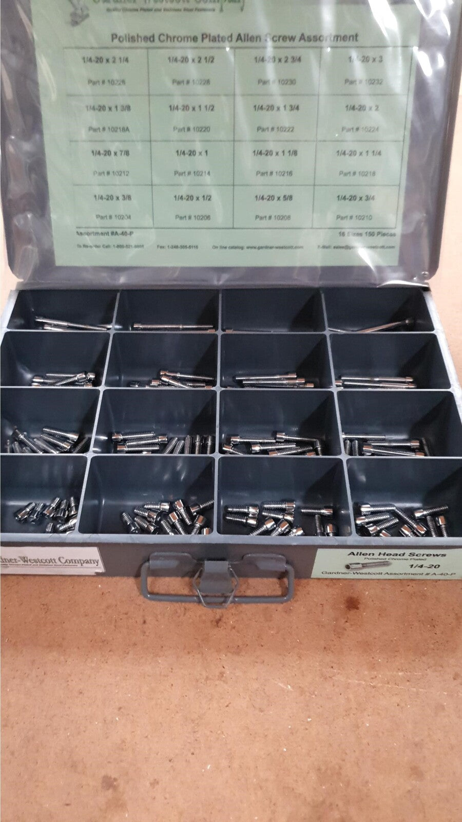 Gardner-Westcott GWA40P Tray Assortment Allen Screws Polished Chrome 150PC/16 Sizes All 1/4 UNC Only - CC1I
