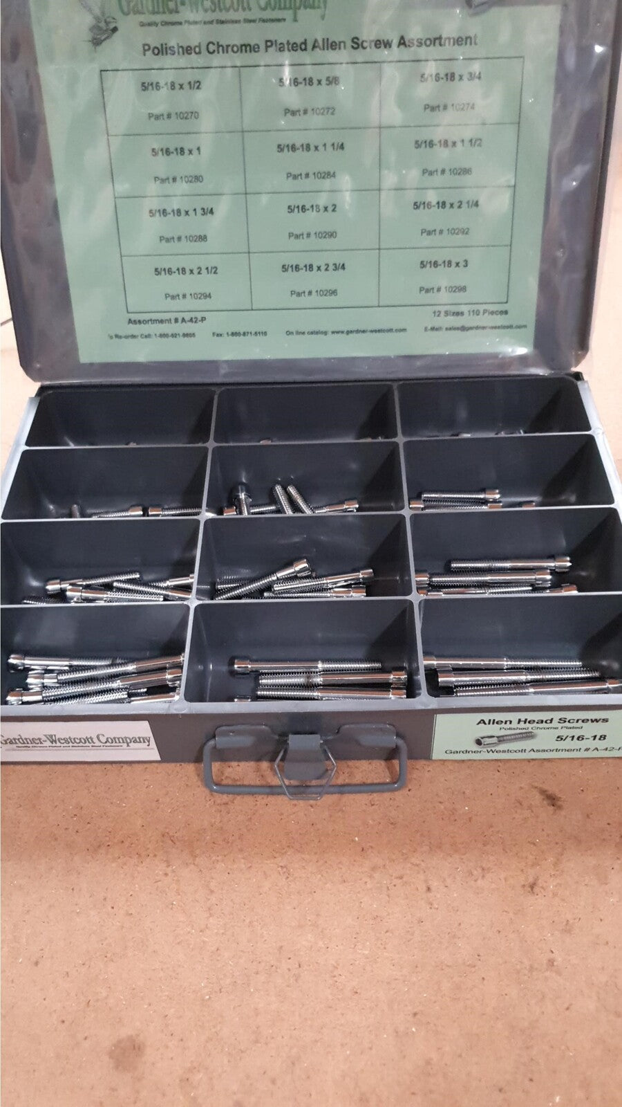 Gardner-Westcott GWA42P Tray Assortment Allen Screws Polished Chrome 110PC/12 Sizes All 5/16 UNC - CC1I