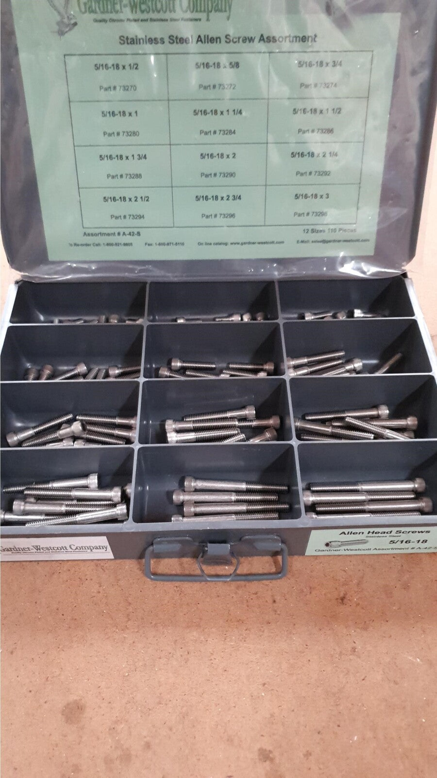 Gardner-Westcott GWA42S Tray Assortment Allen Screws Stainless Steel 120PC/12 Sizes All 5/16 UNC - CC1I