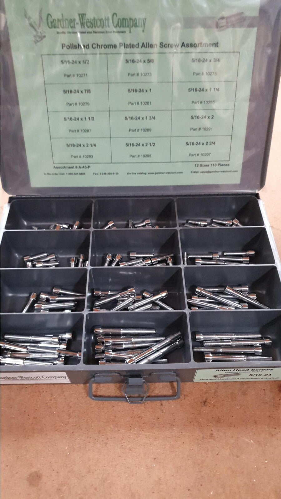 Gardner-Westcott GWA43P Tray Assortment Allen Screws Polished Chrome 115PC/12 Sizes All 5/16 UNF - CC1I