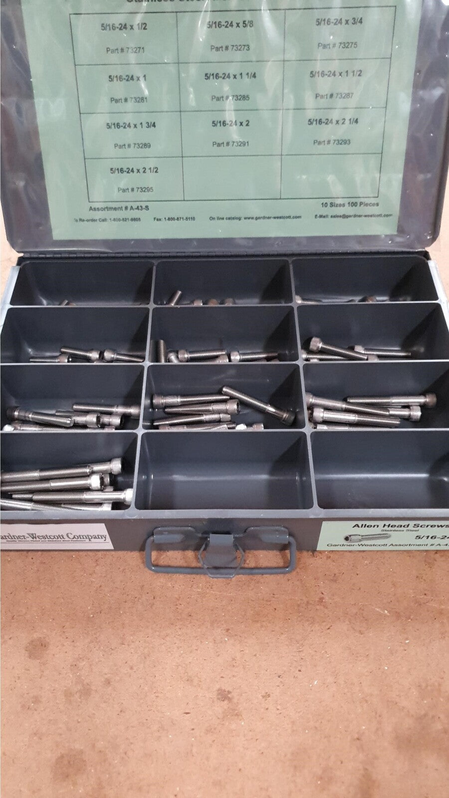 Gardner-Westcott GWA43S Tray Assortment Allen Screws Stainless Steel 100PC/10 Sizes All 5/16 UNF - CC1I