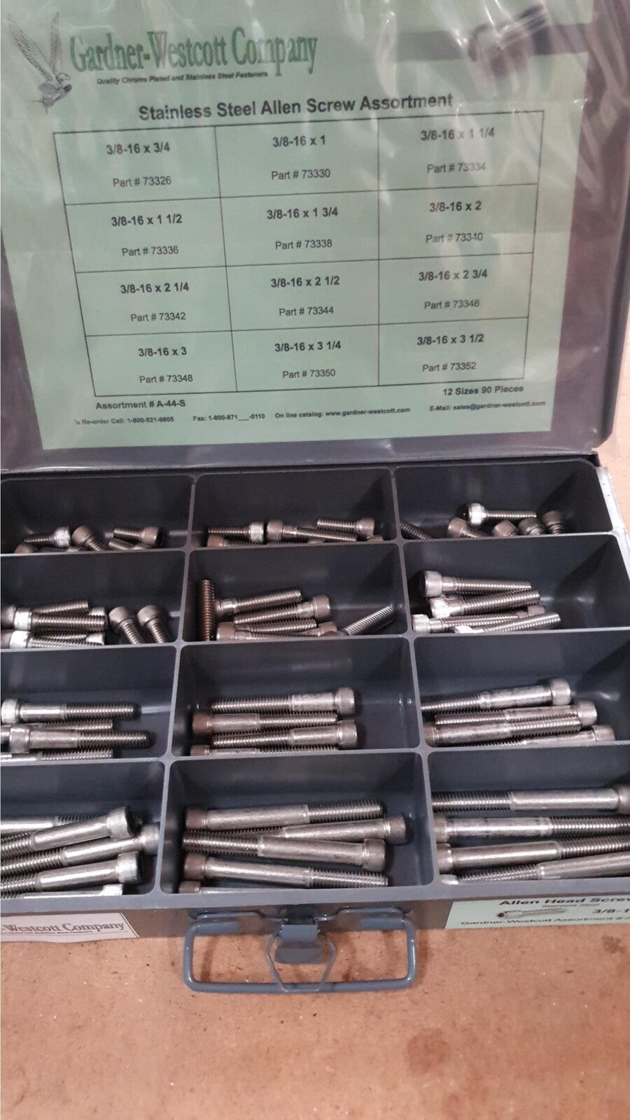 Gardner-Westcott GWA44S Tray Assortment Allen Screws Stainless Steel 90PC/12 Sizes All 3/8 UNC - CC1I