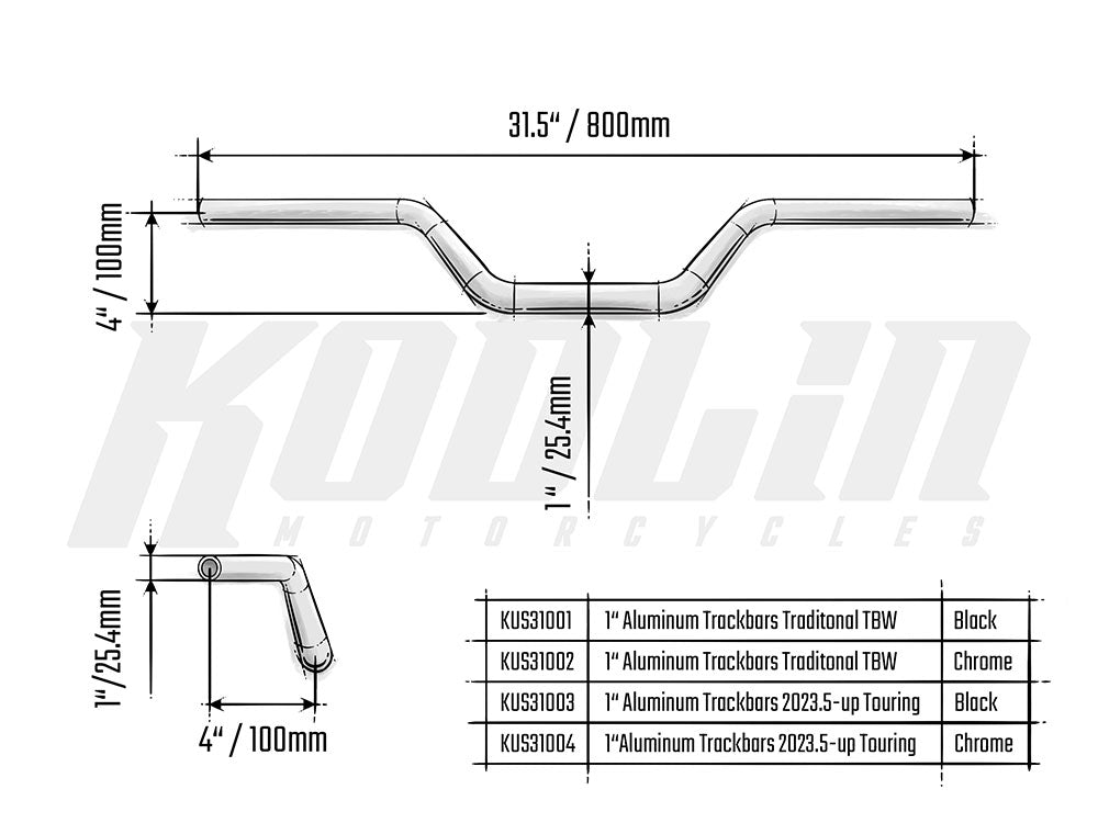 Kodlin KM-KUS31003 Aluminum Trackbars 1" Handlebar Black for Harley-Davidson CVO Touring 23-Up/Street Glide/Road Glide 24-Up/Touring/Softail 25-Up