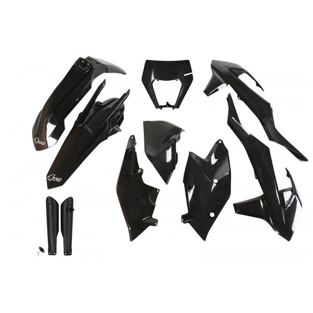UFO Full Plastics Kit Black w/Headlight Shroud for KTM EXC 125/EXC 150/EXC 250/EXC 300/EXC-F 250/EXC-F 350/EXC-F 450/EXC-F 500/XC-W 125 17-19/EXC 250 TPI/EXC 300 TPI 18-19/XC-W 250 TPI 2019
