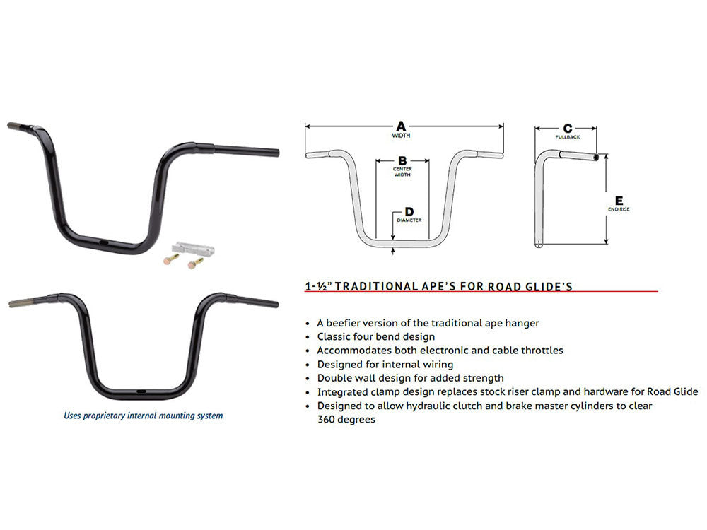 LA Choppers LA-7314-16BLK 16" x 1-1/2" Grande Traditional Ape Handlebar Gloss Black for Harley-Davidson Road Glide 15-23