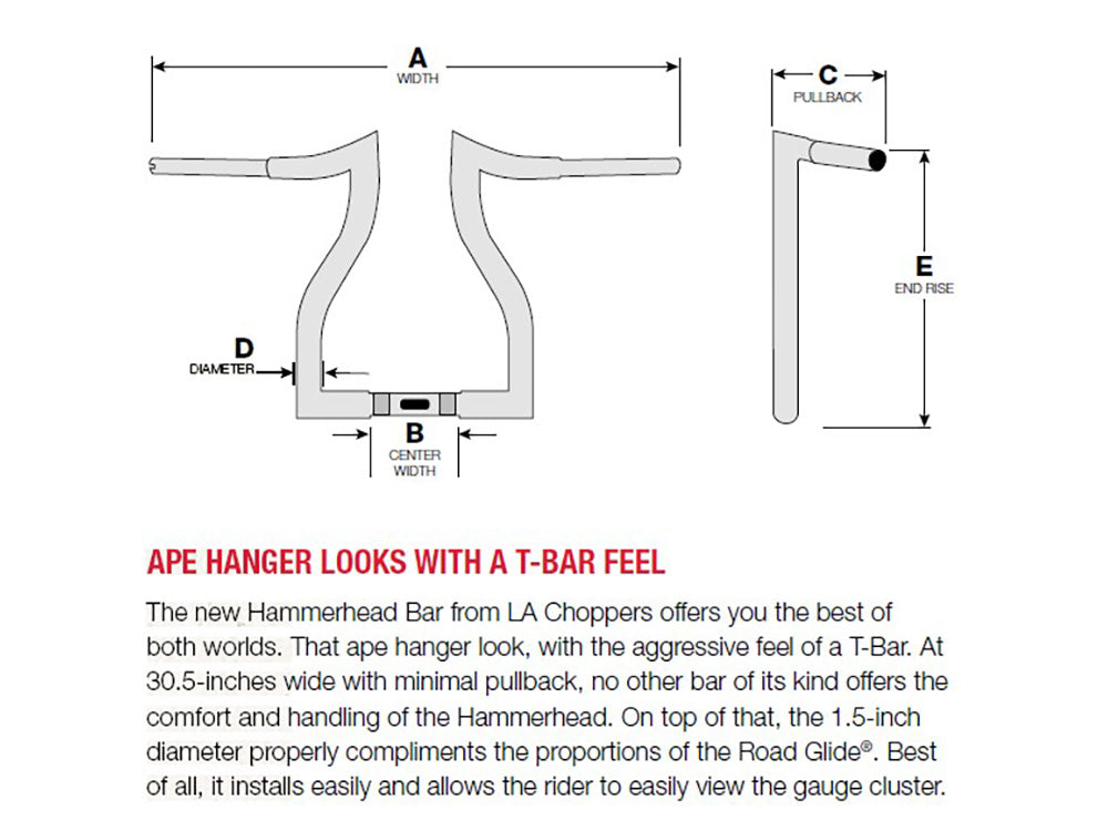 LA Choppers LA-7316-12BLK 12" x 1-1/2" Hammerhead Handlebar Gloss Black for Harley-Davidson Road Glide 15-23/Road King Special 17-Up