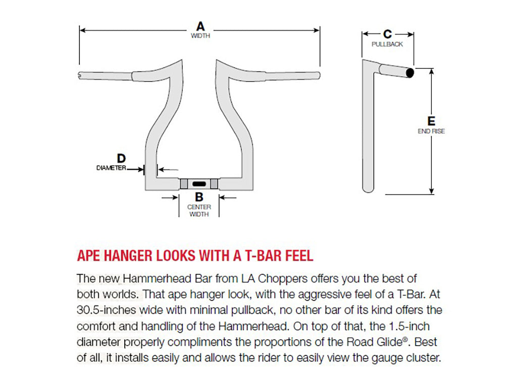 LA Choppers LA-7316-14BLK 14" x 1-1/2" Hammerhead Handlebar Gloss Black for Harley-Davidson Road Glide 15-23/Road King Special 17-Up