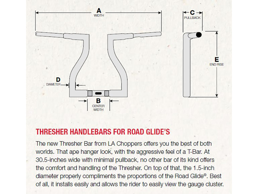 LA Choppers LA-7317-12BLK 12" x 1-1/2" Thresher Handlebar Gloss Black for Harley-Davidson Road Glide 15-23/Road King Special 17-Up