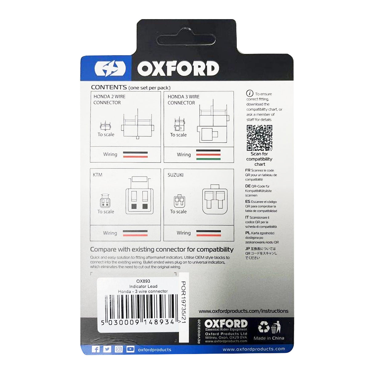 Oxford Indicator Leads for Honda 3 Wire Connector