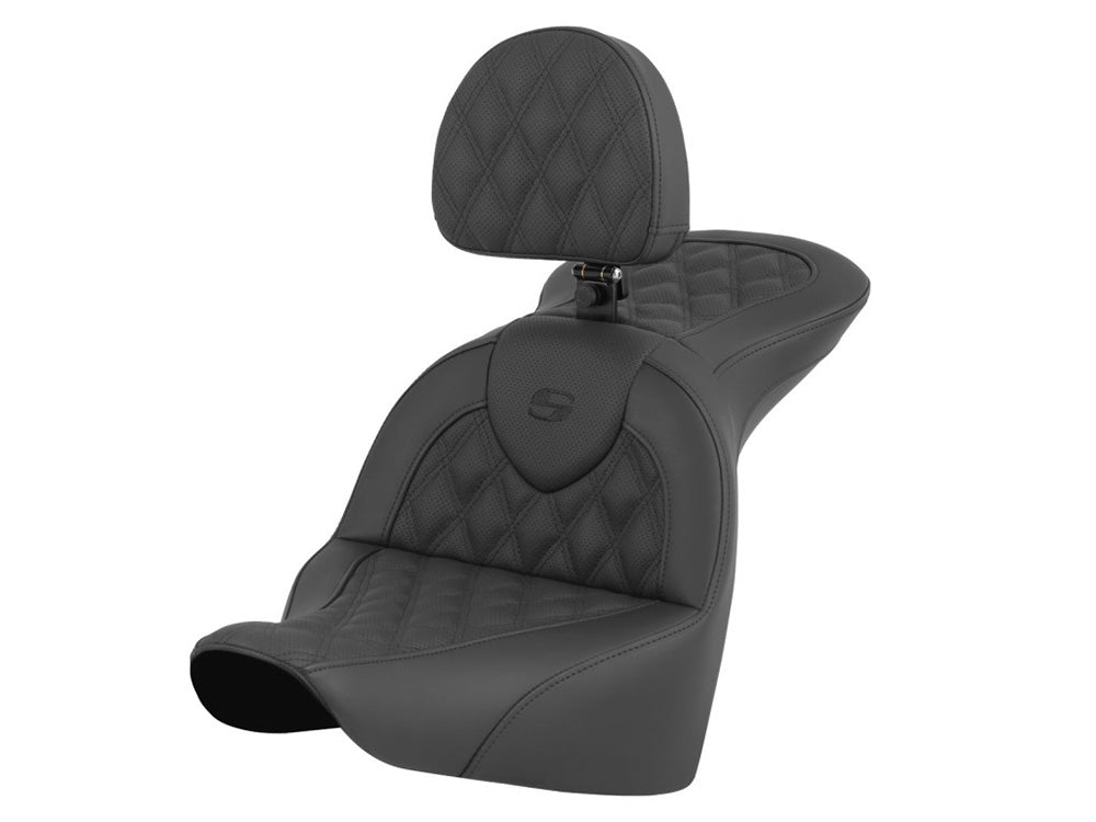 Saddlemen SAD-818-27-182BR Roadsofa LS Dual Seat w/Backrest & Black Double Diamond Lattice Stitch for Harley-Davidson Fat Boy 18-Up/Breakout 23-Up