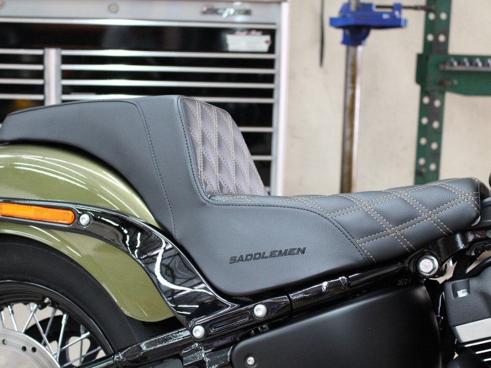 Saddlemen SAD-818-30-172GO Step-Up LS Dual Seat w/Gold Double Diamond Lattice Stitch for Harley-Davidson Softail Street Bob 18-Up/Standard 20-Up