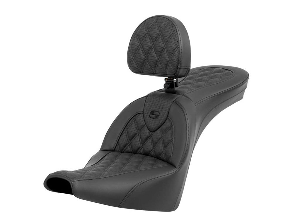 Saddlemen SAD-818-30-182BR Roadsofa LS Dual Seat w/Backrest & Black Double Diamond Lattice Stitch for Harley-Davidson Softail Street Bob 18-Up/Standard 20-24