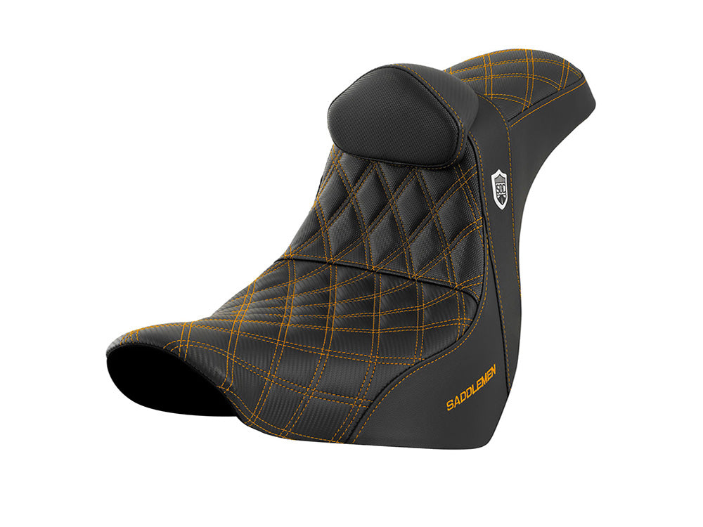 Saddlemen SAD-SC80604GOLRT San Diego Customs Pro Series Gripper Dual Seat w/Backrest & Gold Stitch for Dyna 06-17
