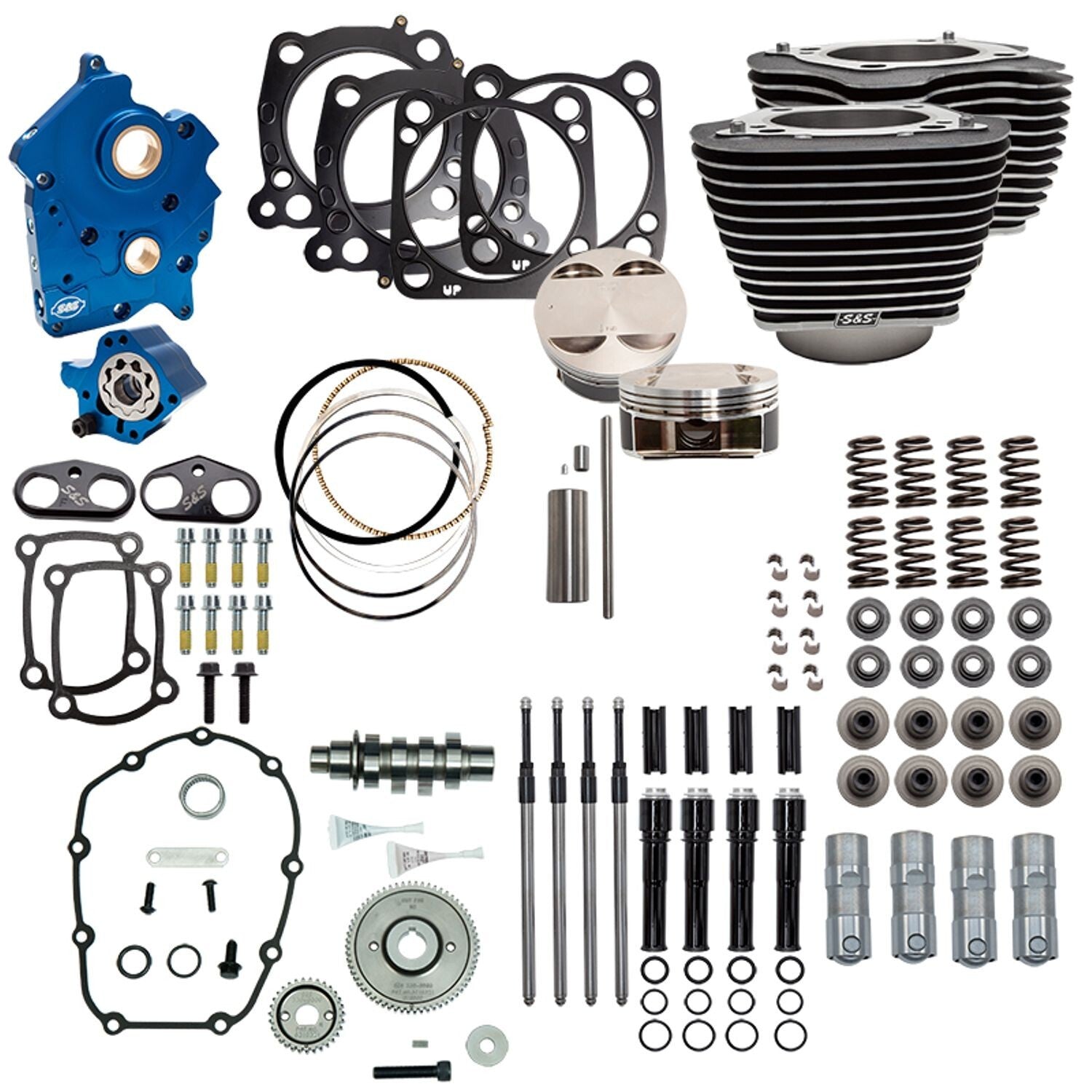 S&S Cycle SS-310-1055 Power Package 124" CI Water Cooled Gear Drive w/Highlighted Fins & Black Pushrod Tubes for H-D M8 107" Models