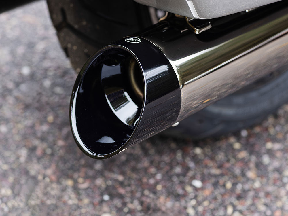 S&S Cycle SS550-1113 4-1/2" Mk45 Slip-On Mufflers Lava Chrome w/Black Cutlass End Caps for Touring 17-Up