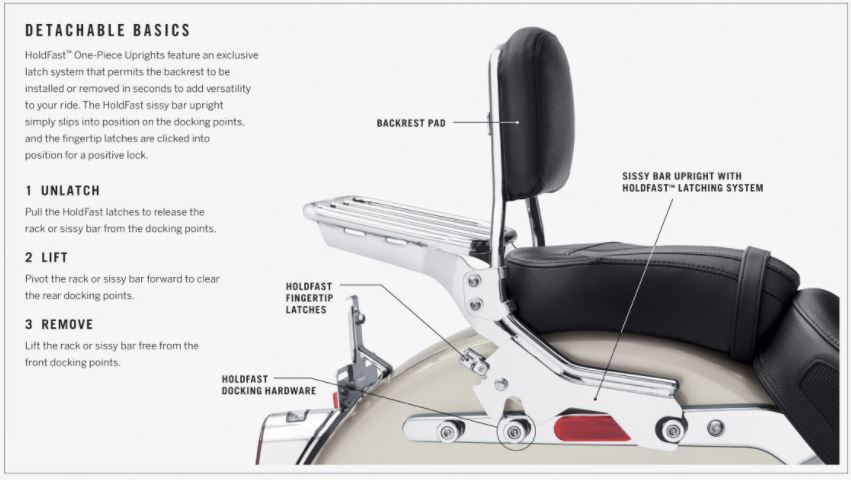 Quick Detachable Sissy Bar & Pad Chrome Kit (inc Docking Hardware) suits Softail Models FXFB FXFBS Fatbob 18-up