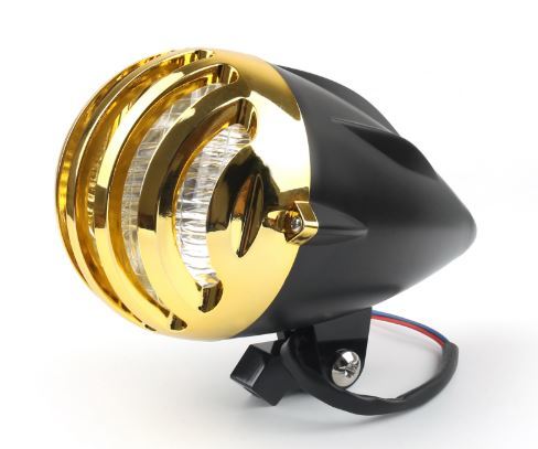 Headlight 9" Style Scalloped E Marked Black with Gold Grill Old School Bobber Custom Chopper Style