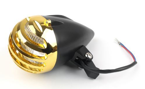Headlight 9" Style Scalloped E Marked Black with Gold Grill Old School Bobber Custom Chopper Style