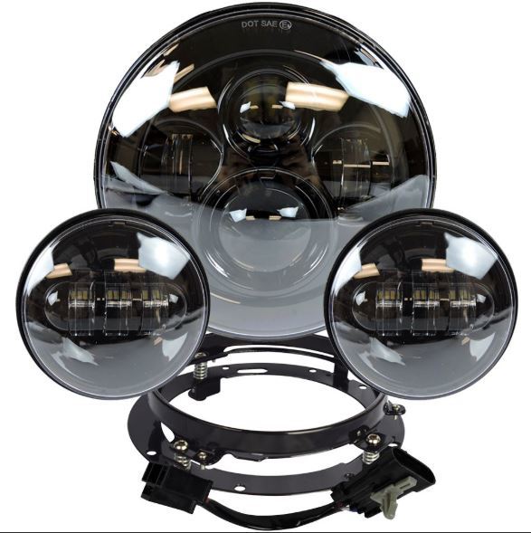 Headlight Set Daymaker Style 7" Touring Set Headlight Spot & Mount Ring Black Face 14-up Touring Models Fits Harley Davidson