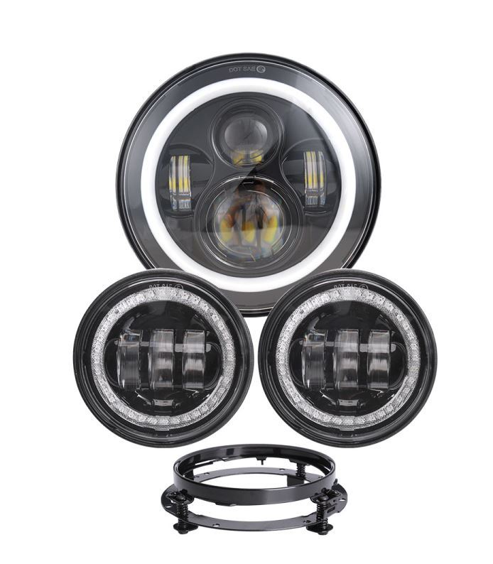 Headlight 7" LED 80w Halo Daymarker Black Face Full Kit with 4 1/2" Spots Suit Softail Fl Heritage & Fatboy & Touring Flt, Indian Models