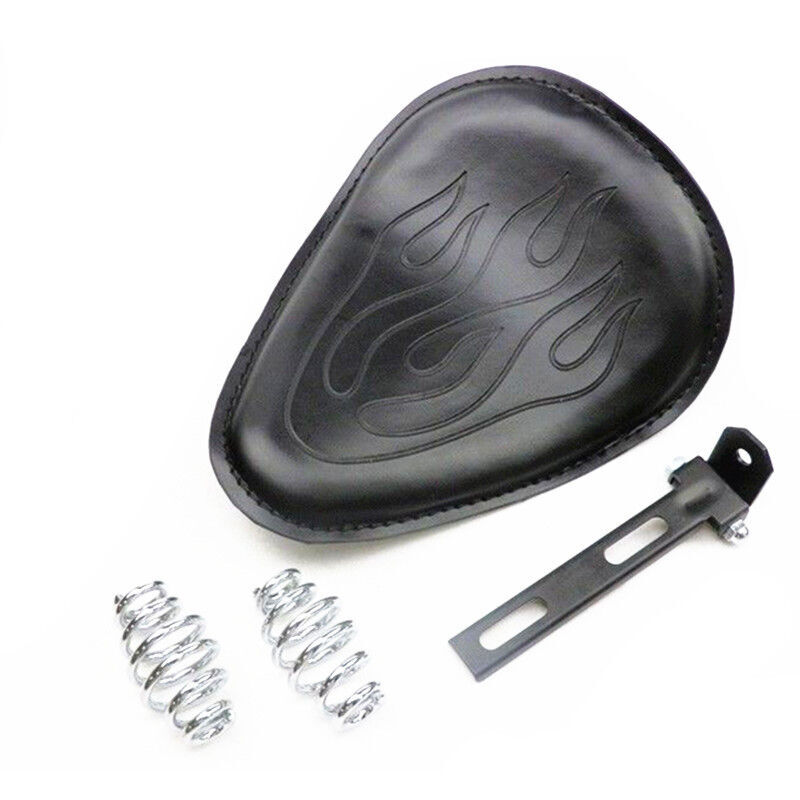 Twin Power Seat Combo Small Size Black Leather Solo Seat with Flame and with Chrome Spring set