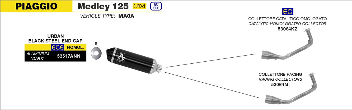 Arrow 53064MI Racing Collector Pipe for Piaggio Medley 125/Medley 150 16-20
