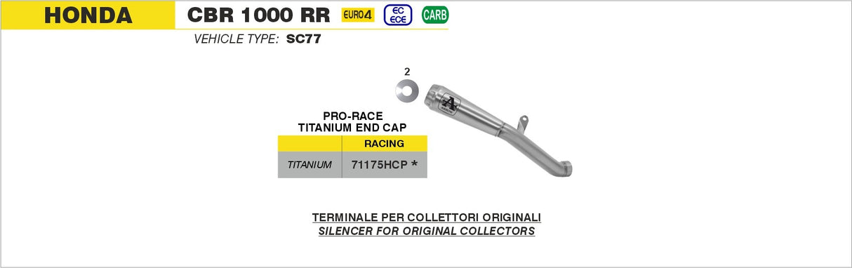Arrow 71175HCP Pro-Race Titanium Slip-On Muffler w/Titanium End Cap for Honda CBR1000RR 17-19