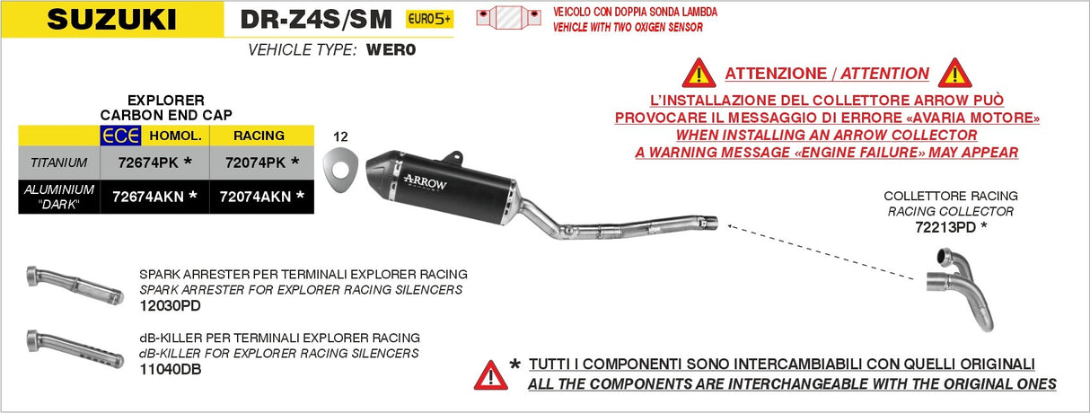 Arrow 72213PD Stainless Steel Racing Collectors for Suzuki DR-Z4S/DR-Z4SM 25-Up