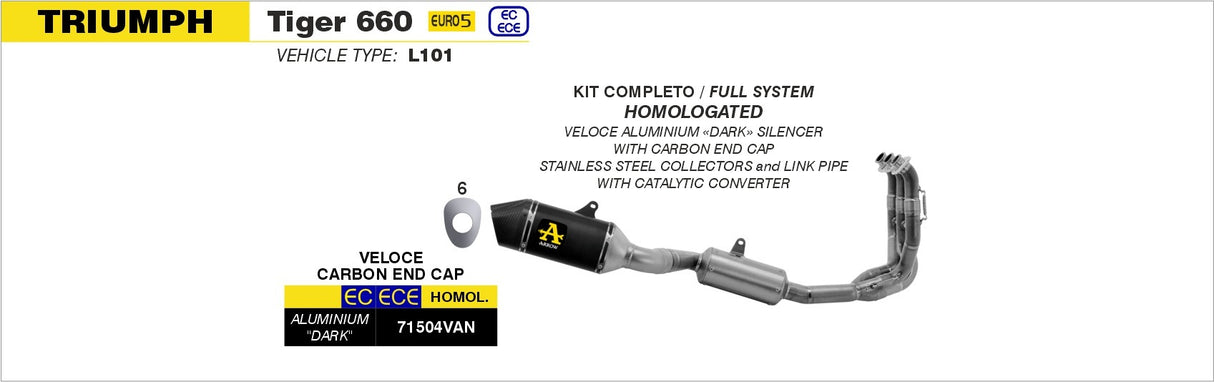 Arrow 71504VAN Veloce Stainless Steel Full Exhaust System w/Aluminium Dark Muffler & Carbon End Cap for Triumph Tiger 660 22-24