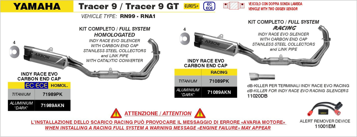 Arrow 71089PK Indy Race EVO Stainless Steel Full Exhaust System w/Titanium Muffler & Carbon End Cap for Yamaha Tracer 9 25-Up