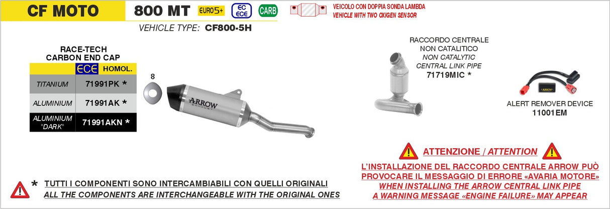 Arrow 71991AK Race-Tech Aluminium Slip-On Muffler w/Carbon End Cap for CF Moto 800 MT 25-Up