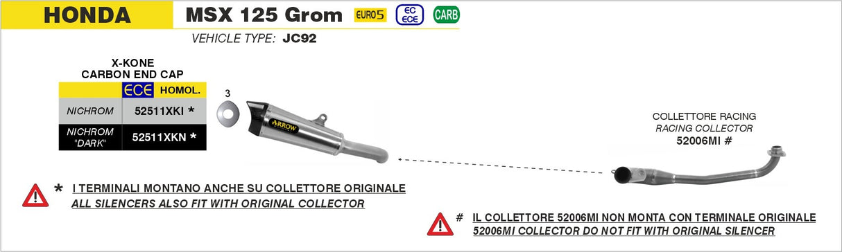 Arrow 52511XKN X-Kone Nichrom Dark Slip-On Muffler w/Carbon End Cap for Honda MSX 125 Grom 21-24