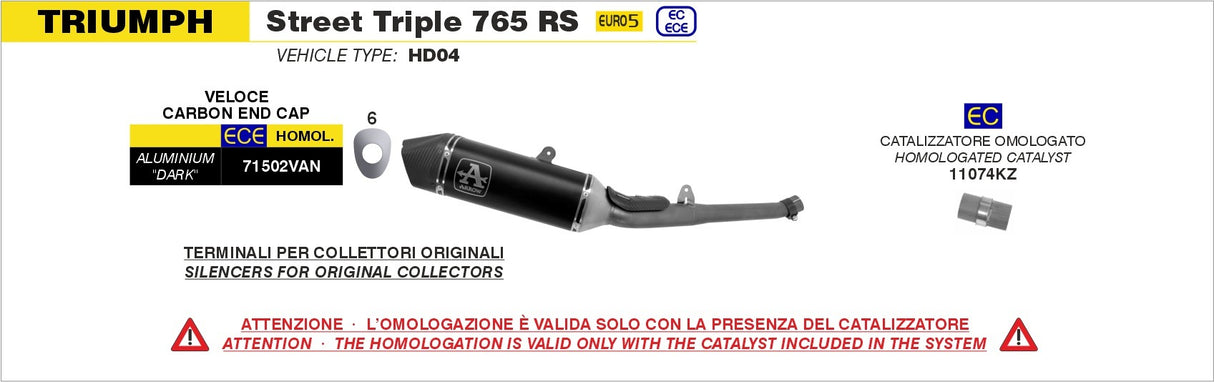 Arrow 71502VAN Veloce Aluminium Dark Slip-On Muffler w/Carbon End Cap for Triumph Street Triple 765 20-22