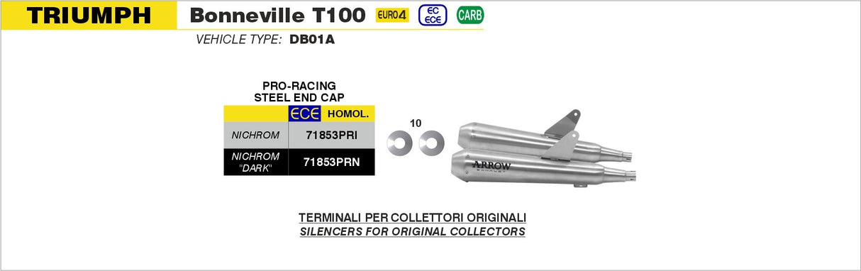 Arrow 71853PRN Pro-Race Nichrom Dark Slip-On Mufflers for Triumph Bonneville T100 17-20/Bonneville T120 16-19