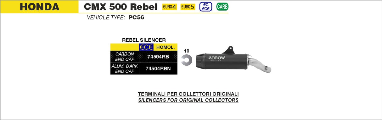 Arrow 74504RBN Rebel Stainless Steel Dark Slip-On Muffler w/Aluminium Dark End Cap for Honda CMX500 Rebel 17-24