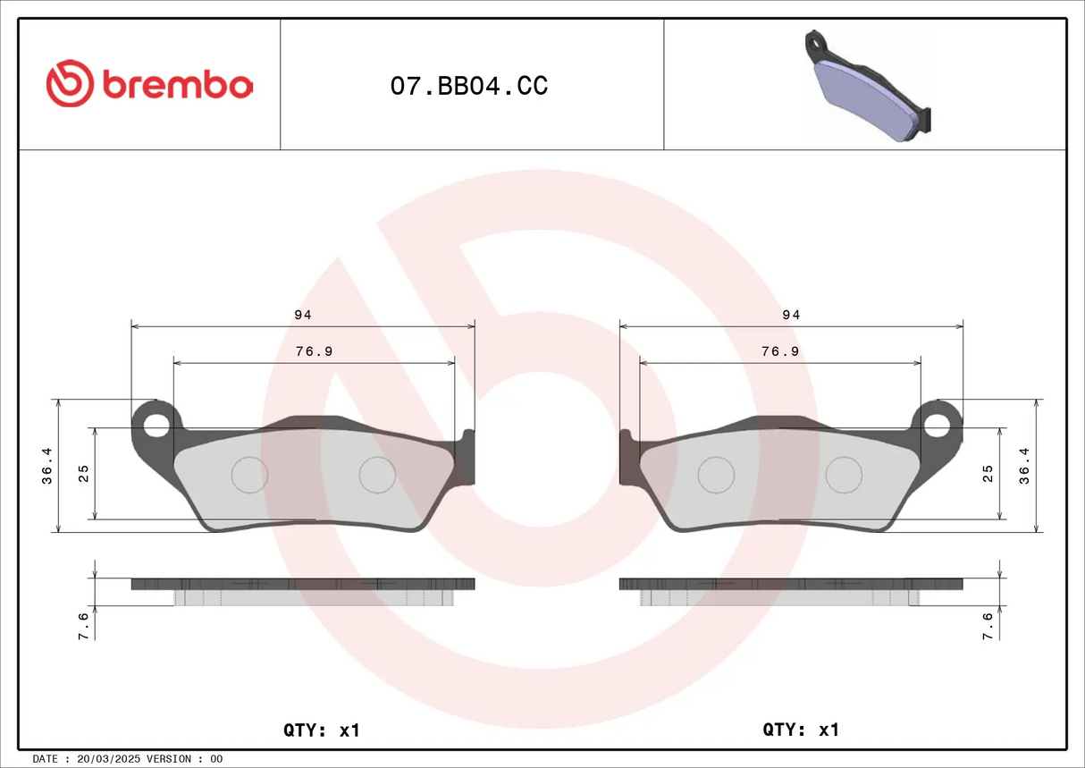 Brembo B-07BB04CC Road (CC) Carbon Ceramic Rear Brake Pad (07BB04.CC)