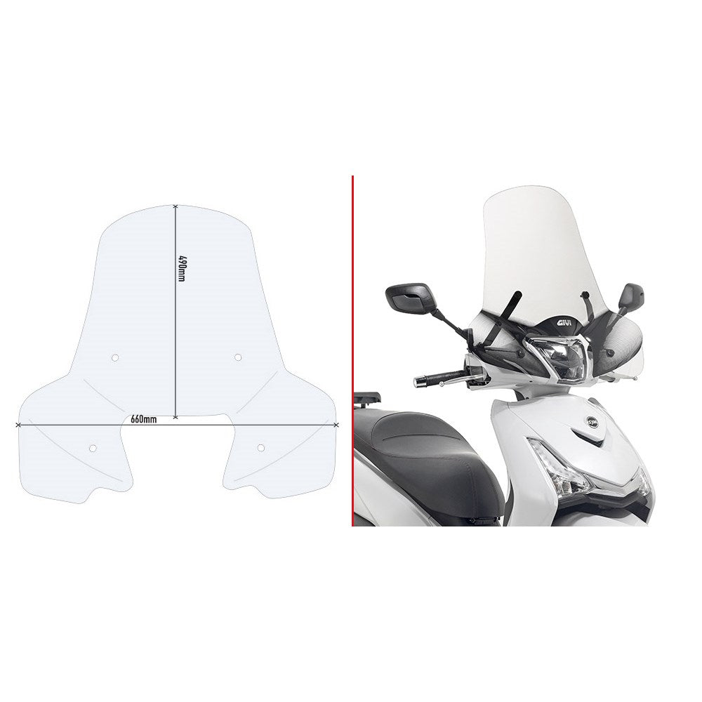 Givi 7057A Clear Windshield 49 x 66cm for Kymco People S 300 19-23/Piaggio Medley 125-150-200 I-GET/Medley S 125-150-200 I-GET 20-25/Sym Symphony 125 Euro 5 2020/Symphony 125 Euro 5 21-25/BWT 125 E5+ 2026/HD 300 19-25