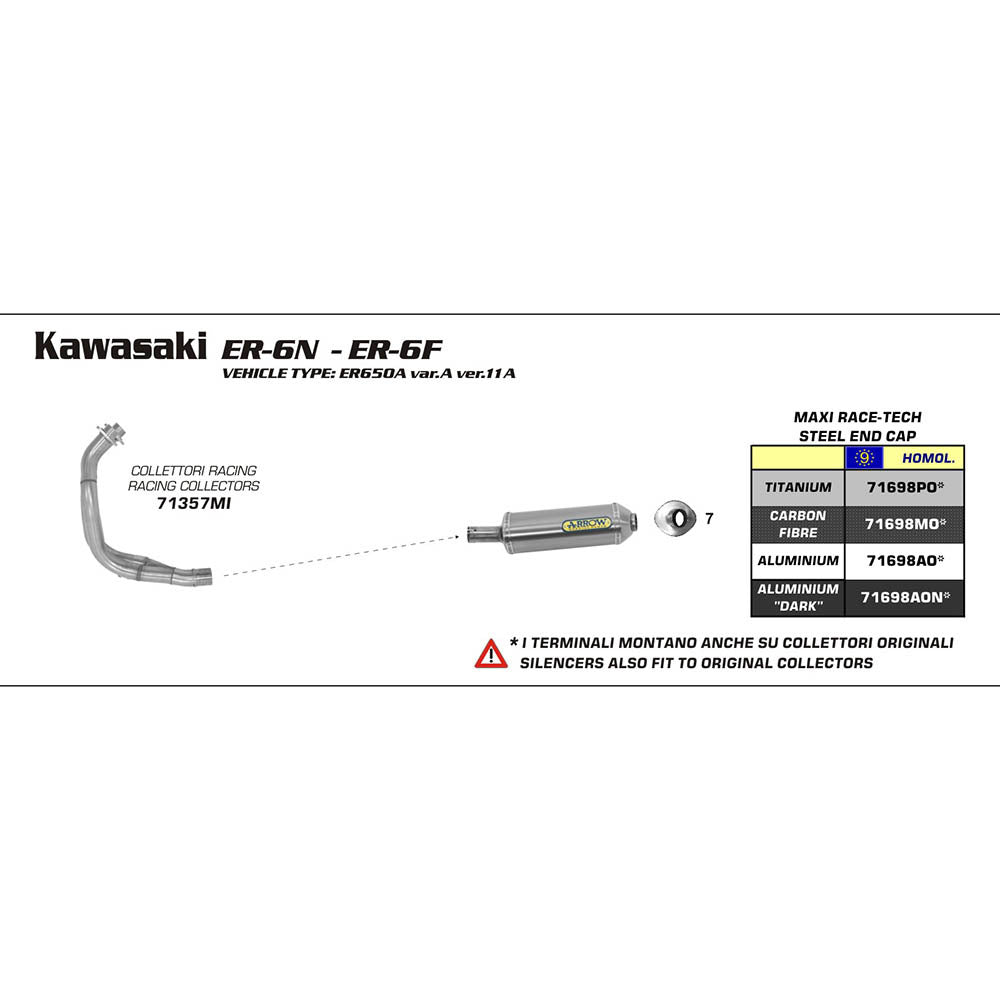 Arrow 71698AO Maxi Race-Tech Aluminium Slip-On Muffler w/Steel End Cap for Kawasaki ER-6F/ER-6N 05-11/Versys 07-14