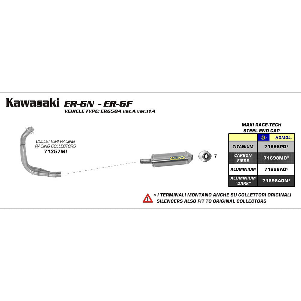 Arrow 71698AON Maxi Race-Tech Dark Aluminium Slip-On Muffler w/Steel End Cap for Kawasaki ER-6F/ER-6N 05-11/Versys 07-14