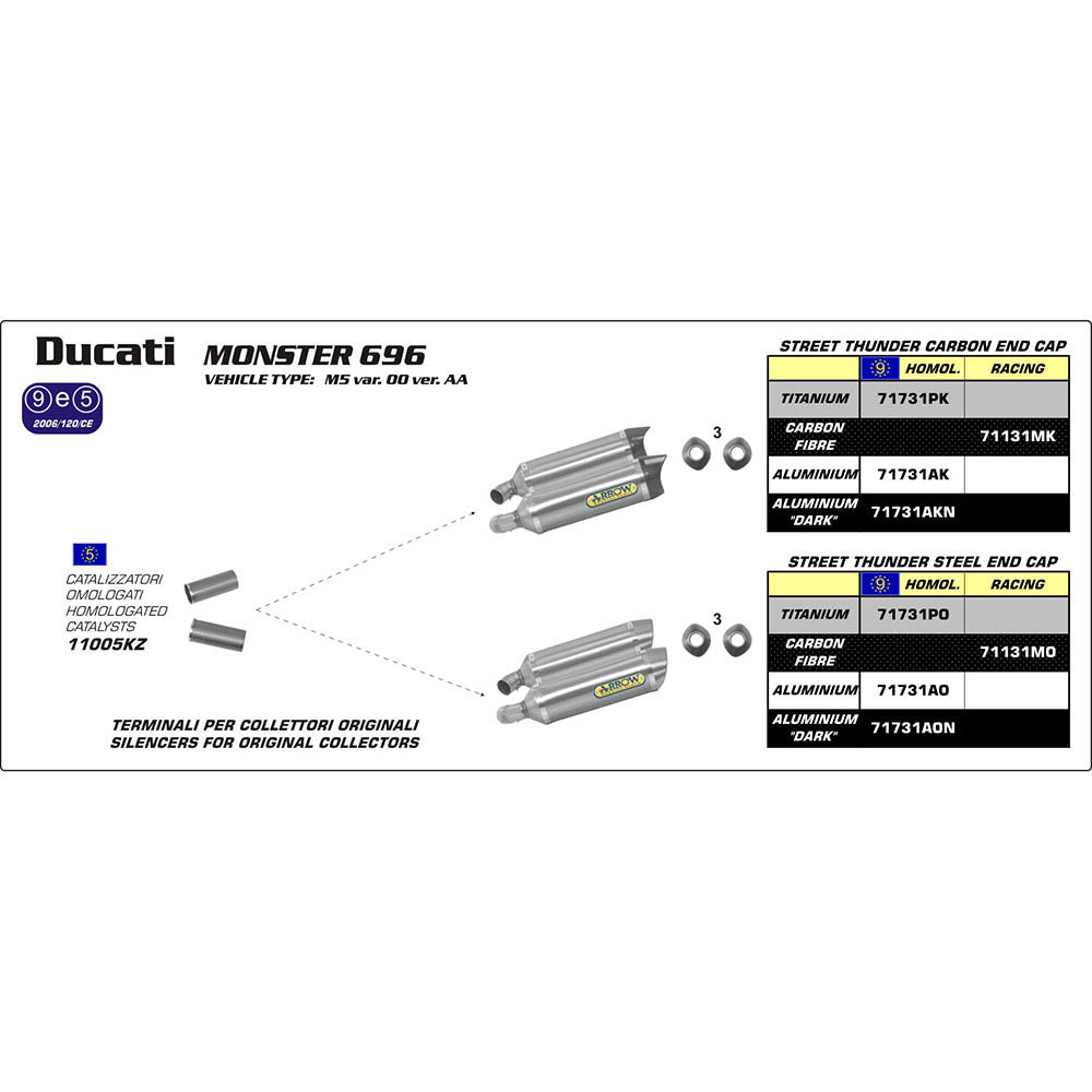 Arrow 71731AON Thunder Dark Aluminium Slip-On Mufflers w/Steel End Cap for Ducati Monster 696 08-14/Monster 796 10-14/Monster 1100 09-10