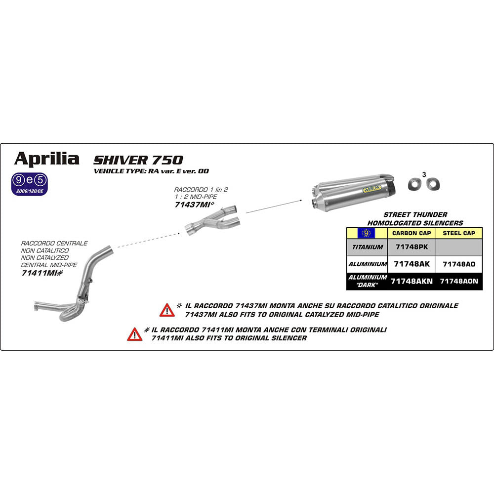 Arrow 71748AKN Thunder Dark Aluminium Slip-On Muffler w/Carbon End Cap for Aprilia Shiver 750 08-16